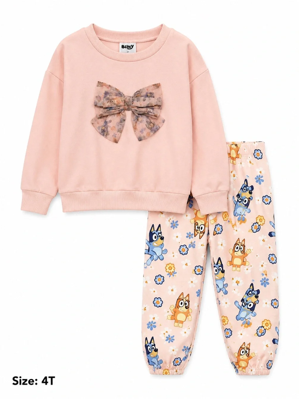 BLUEY Girls' Pink Bow Pullover & Character Print Pajama Set